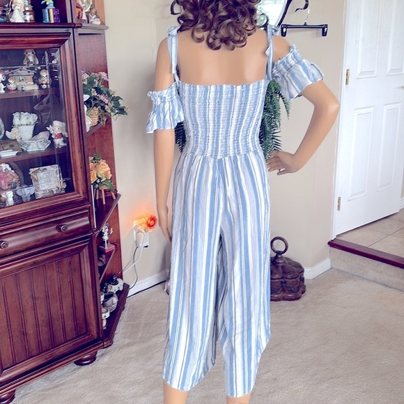 Ocean Drive Jumpsuit 100% Rayon Blue & White Striped Bow Ties Open Shoulder - Picture 9 of 15